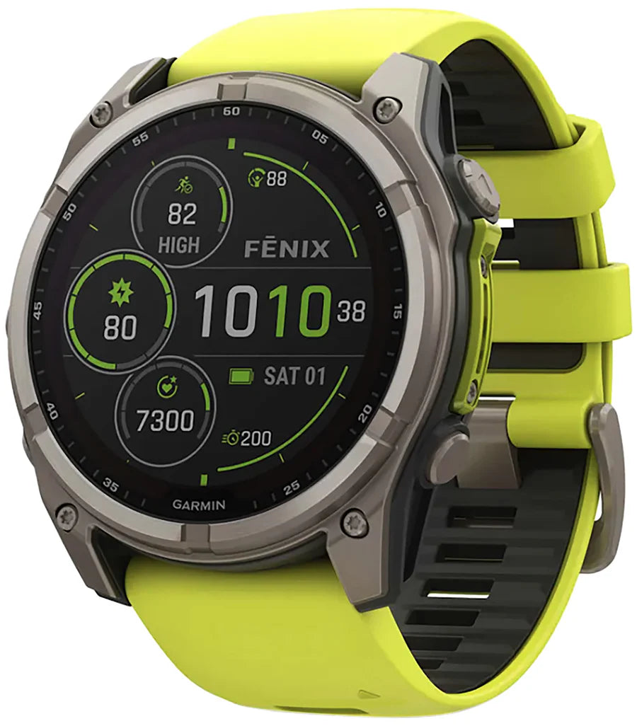 Garmin Fenix 8 Solar Yellow/Graphite Band Sunlight-Visible/Transflective MIP Display Compatible w/ iPhone/Android
